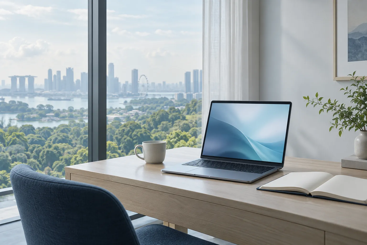 A calm workspace by a window overlooking Singapore