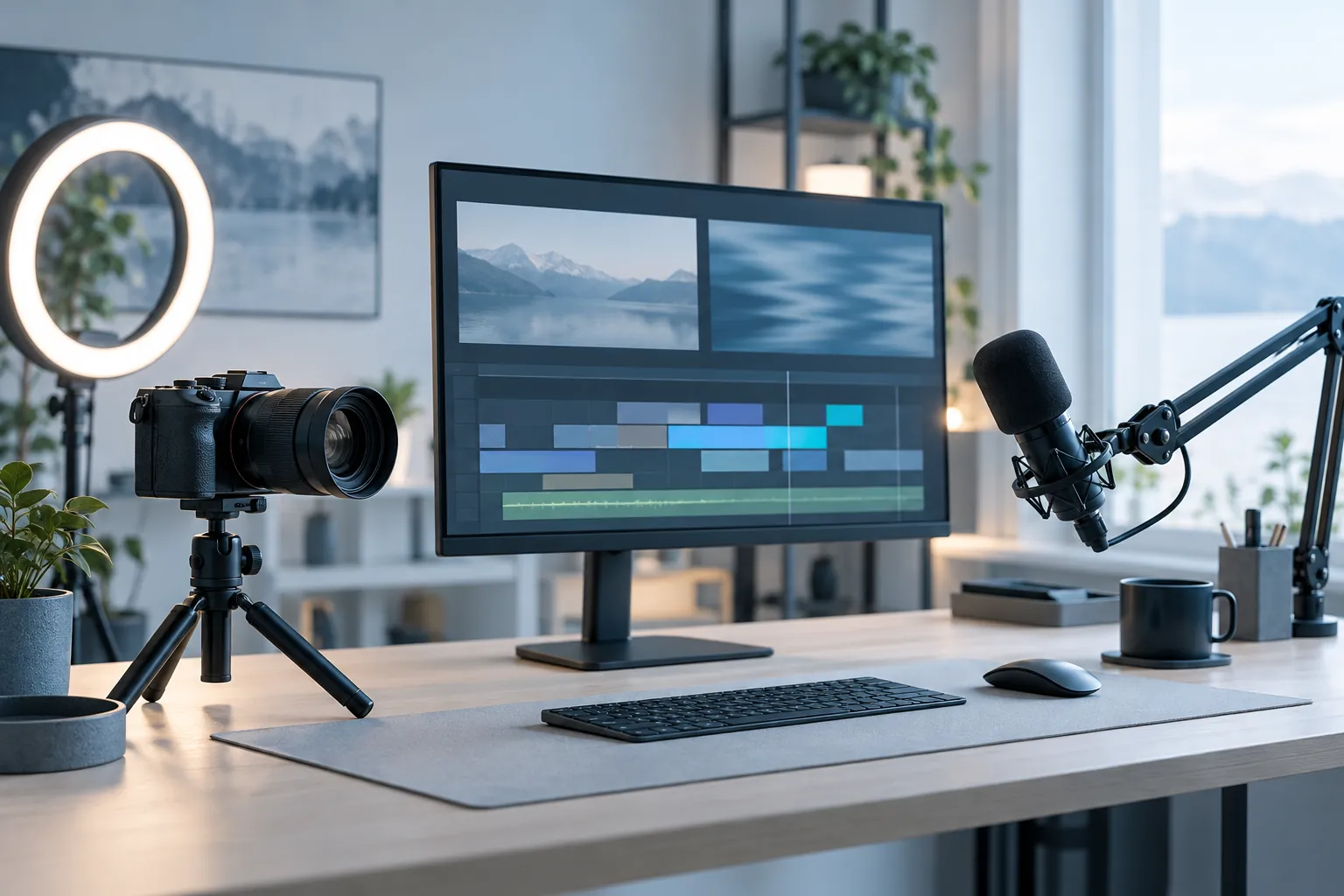 A video production desk with a camera, microphone and editing screen